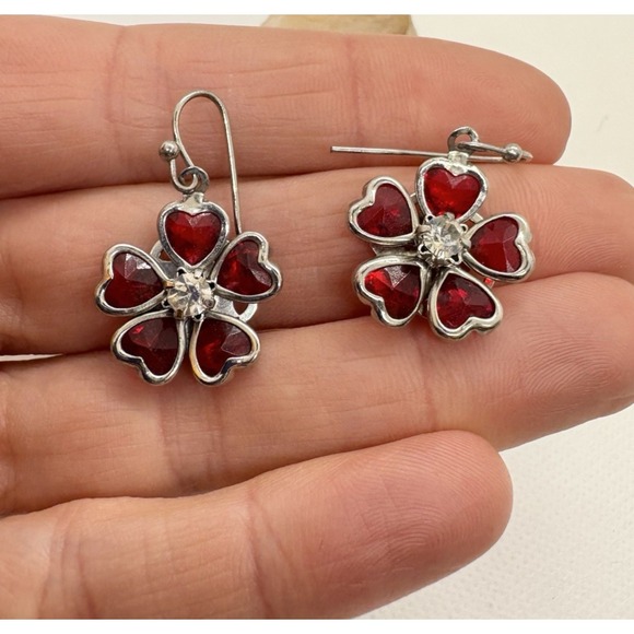 The Unbranded Brand Jewelry - Vintage Red Heart Glass Flower Dangle Earrings Silver Tone Rhinestone‎ Center